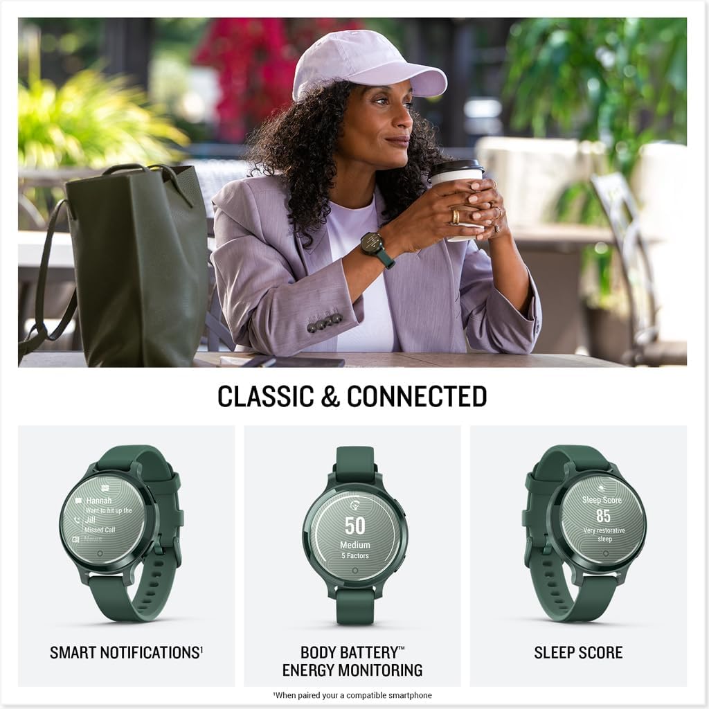 Présentation : Montre connectée Garmin Lily® 2 Active, petite et élégante, avec GPS intégré, écran dissimulé, verre à motifs, jusqu'à 9 jours d'autonomie, coloris vert jaspe et bracelet en silicone vert jaspe.