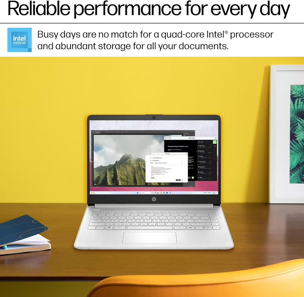 Ordinateur compact portable HP 14 (édition 2025) : Professionnel, Étudiant, Fin, Licence à vie pour Microsoft Office, Copilot AI, Processeur Intel quadricœur, 16 Go de RAM, 628 Go de stockage (128 Go UFS + 500 Go d'extension), Accessoires Marxsol