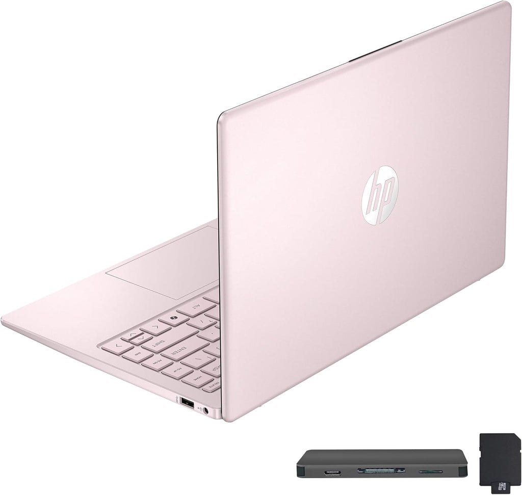 Ordinateur compact portable HP Stream 14 HD, processeur Intel N150, 16 Go de RAM, 416 Go de stockage (128 Go UFS + station d'accueil de 288 Go), carte graphique Intel, abonnement d'un an à Office 365, Copilot, Wi-Fi, webcam HD, Windows 11, rose