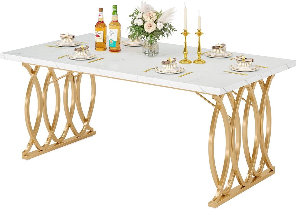 Table de salle à manger moderne Tribesigns, grande table de cuisine de 63 pouces pour 4 à 6 personnes, table rectangulaire unique pour la cuisine et la salle à manger dotée de plateau en faux marbre et pieds géométriques