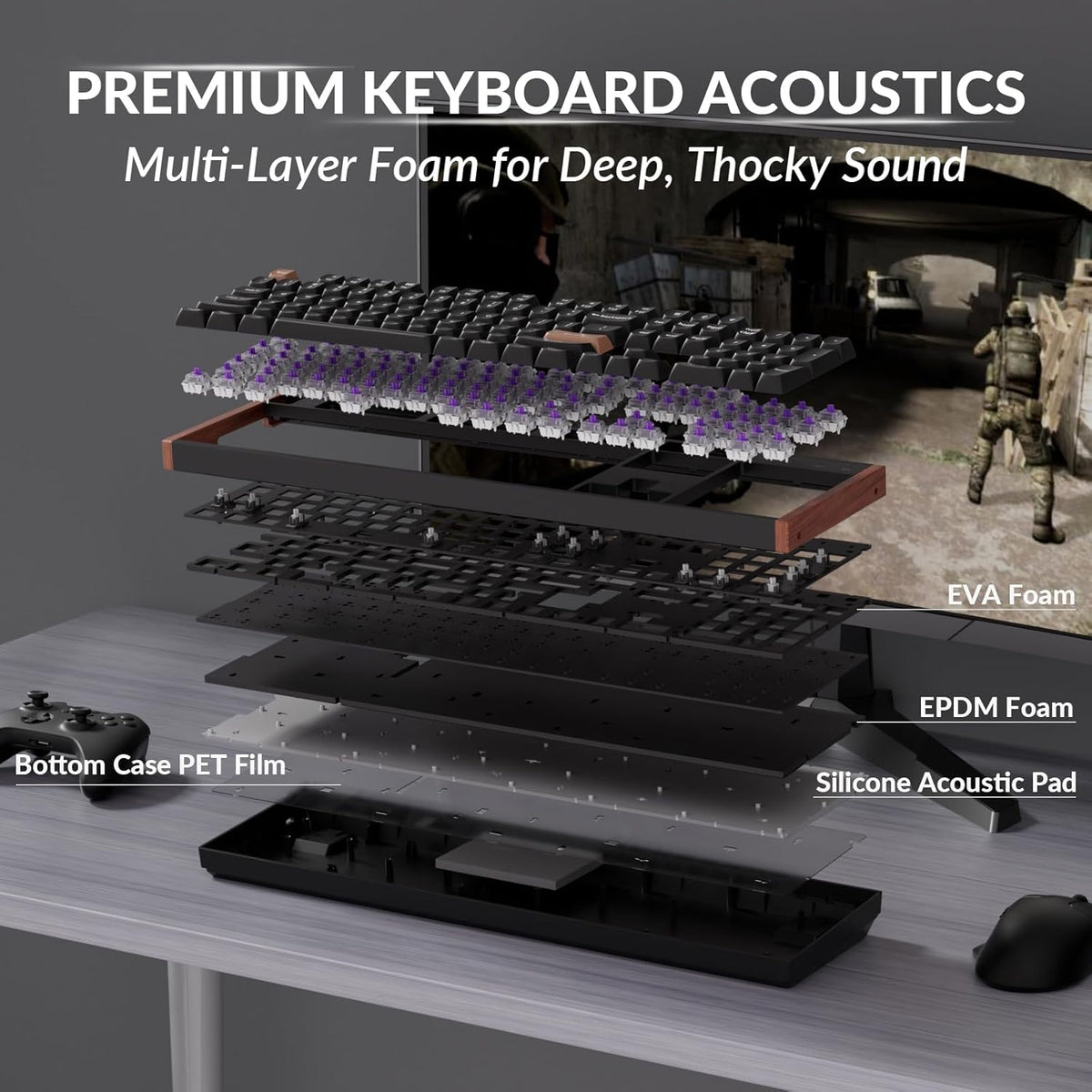 Clavier Keychron K10 HE à effet Hall, commutateurs magnétiques Gateron à double rail Nebula, clavier à connectivité sans fil tri-mode pleine taille doté de déclenchement réactif, activation réglable, RGB, châssis en aluminium et bois