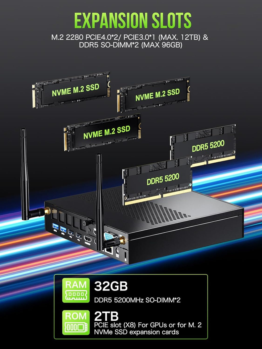 Station de travail mini PC GMKtec Intel Core i9 13900HK (14 cœurs/20 threads) allant jusqu'à 5,4 GHz, 32 Go de RAM DDR5, SSD de 1 To, 8 ports USB, COM, HDMI, DP, usage bureautique et professionnel.