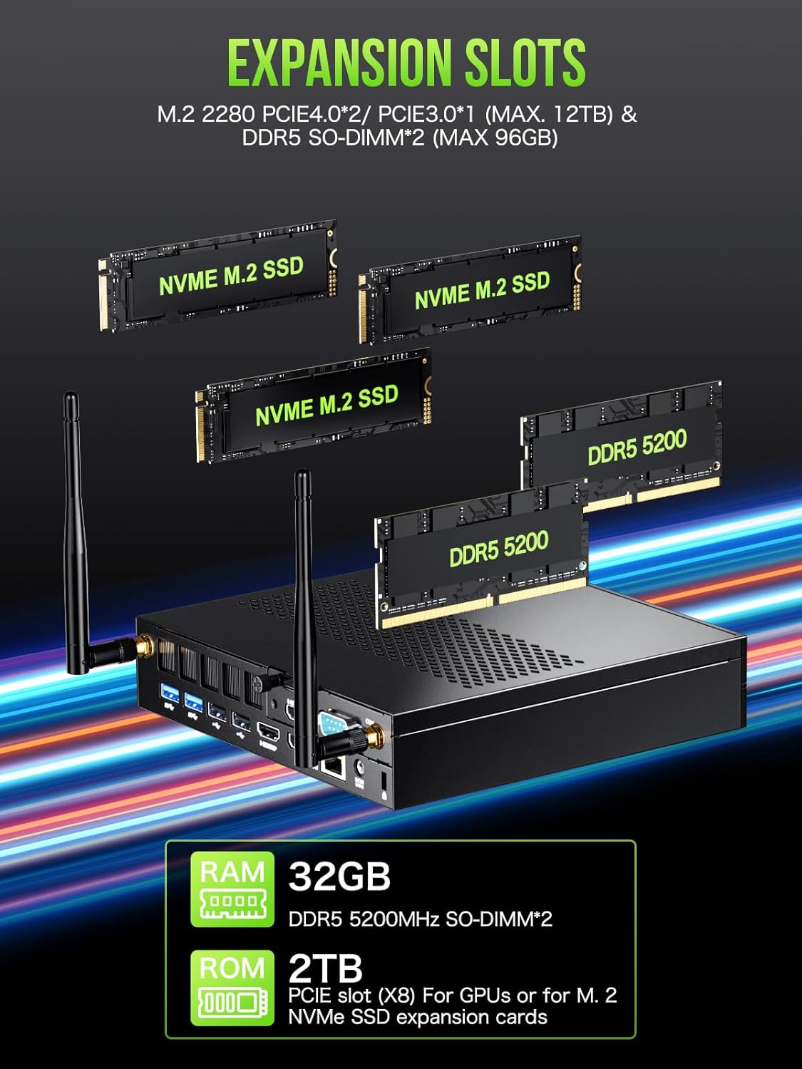 Station de travail mini PC GMKtec Intel Core i9 13900HK (14 cœurs/20 threads) allant jusqu'à 5,4 GHz, 32 Go de RAM DDR5, SSD de 1 To, 8 ports USB, COM, HDMI, DP, usage bureautique et professionnel.