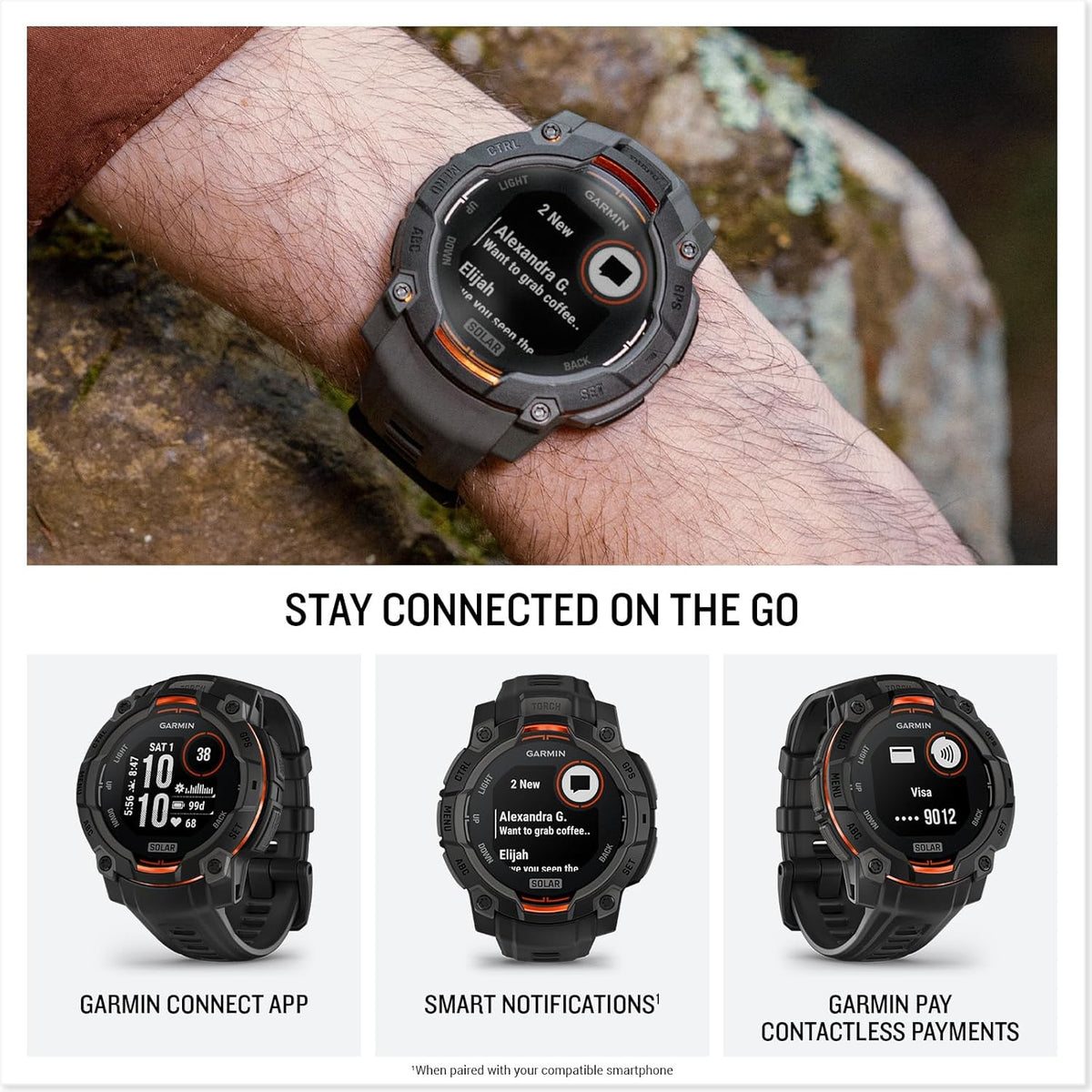 Présentation : Garmin Instinct® 3 45 mm, montre connectée GPS robuste pour l'extérieur, avec écran solaire, lunette renforcée en métal et lampe torche intégrée, couleur noire.
