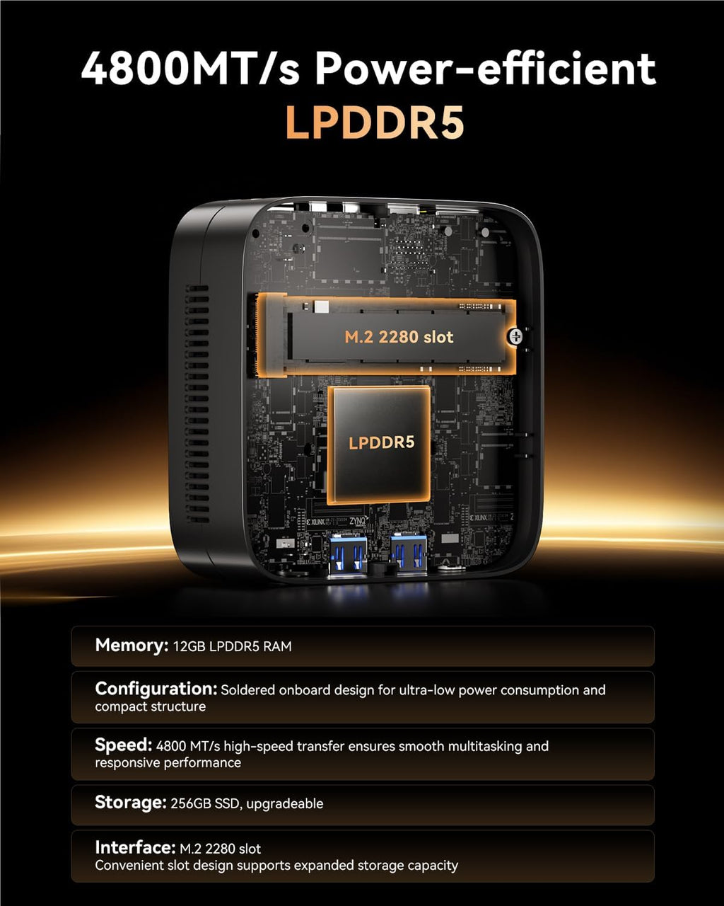 Mini-ordinateur KAMRUI Essenx E1 doté de processeur N95, 12 Go de RAM LPDDR5 et SSD M.2 de 256 Go. Mini PC au format compact compatible double Wi-Fi 4K, Ethernet et Bluetooth. adapté à les entreprises.