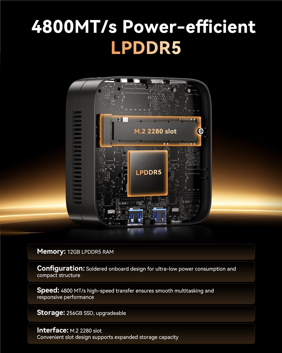 Mini-ordinateur KAMRUI Essenx E1 doté de processeur N95, 12 Go de RAM LPDDR5 et SSD M.2 de 256 Go. Mini PC au format compact compatible double Wi-Fi 4K, Ethernet et Bluetooth. adapté à les entreprises.