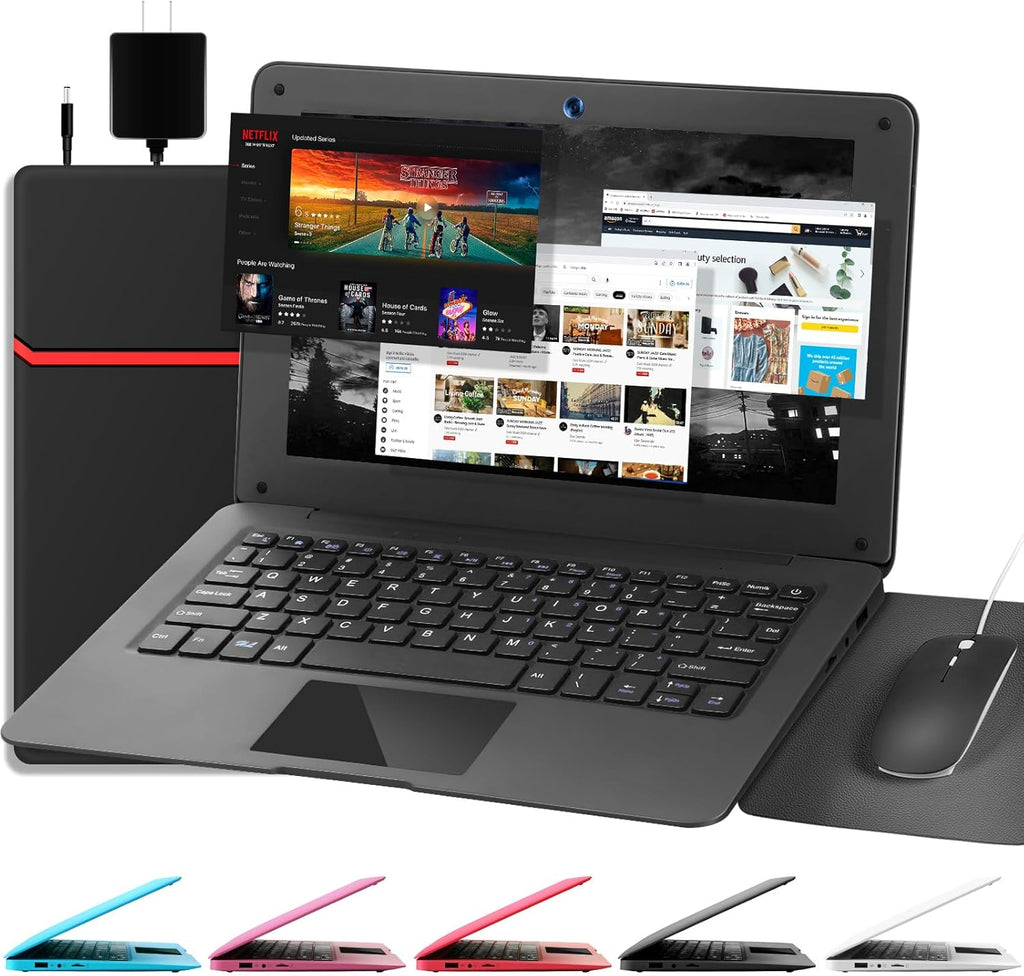 Ordinateur compact portable G-Anica (10,1 pouces), processeur quadricœur sous Android 12.0, netbook avec Wi-Fi, webcam et Bluetooth, mini ordinateur compact portable avec sacoche, souris et tapis de souris pour enfants et adultes (noir)