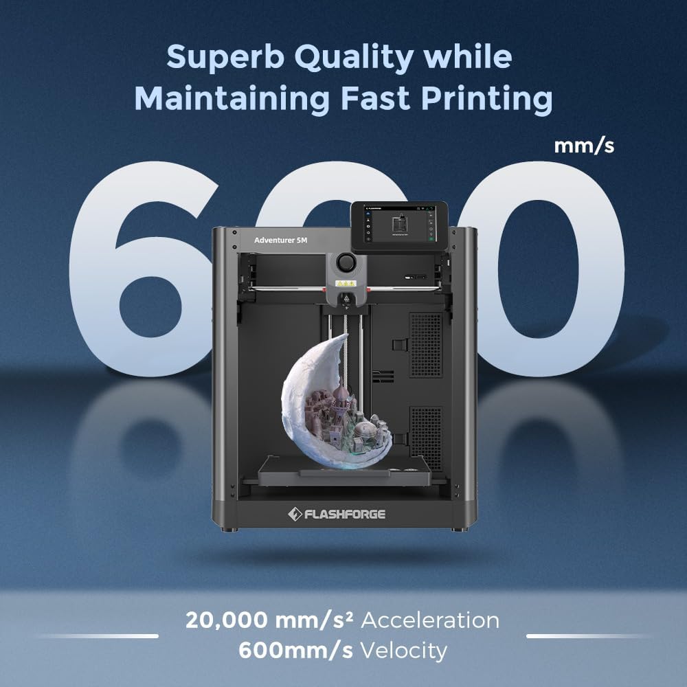 Imprimante 3D FLASHFORGE AD5M : Calibrage entièrement automatique, impression en un clic, vitesse maximale de 600 mm/s, structure CoreXY entièrement métallique pour une impression de précision, buse à changement réactif et facile d'entretien, volume…