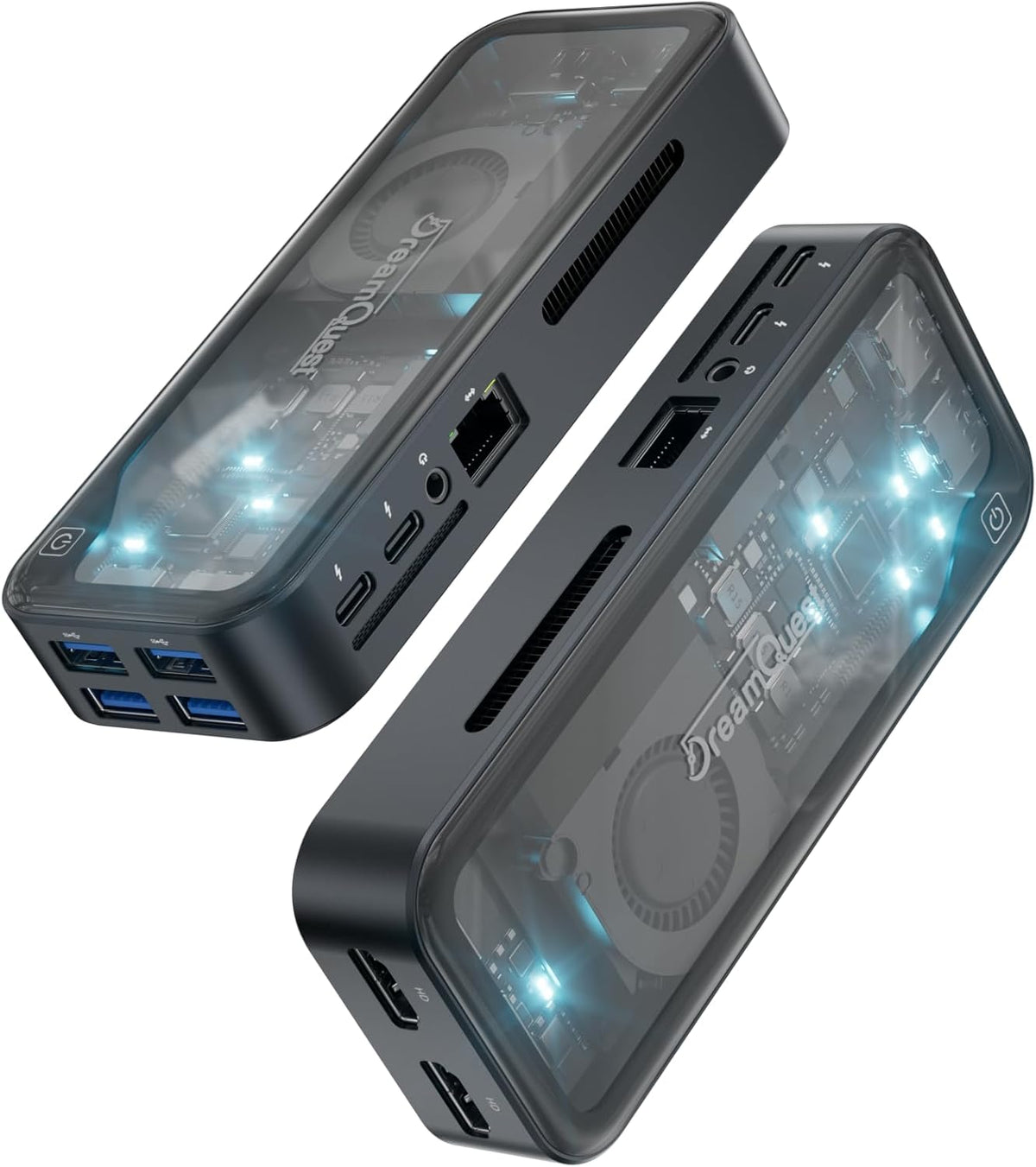 Mini PC DreamQuest Mini Plus doté de Windows 11 Pro préinstallé, processeur Intel N95 (allant jusqu'à 3,4 GHz), 12 Go de RAM DDR5, SSD de 512 Go, 2 ports USB-C, 2 ports HDMI, 4 ports USB 3.2, Wi-Fi 6, Bluetooth 5.3 et compatibilité 4K 60 Hz.