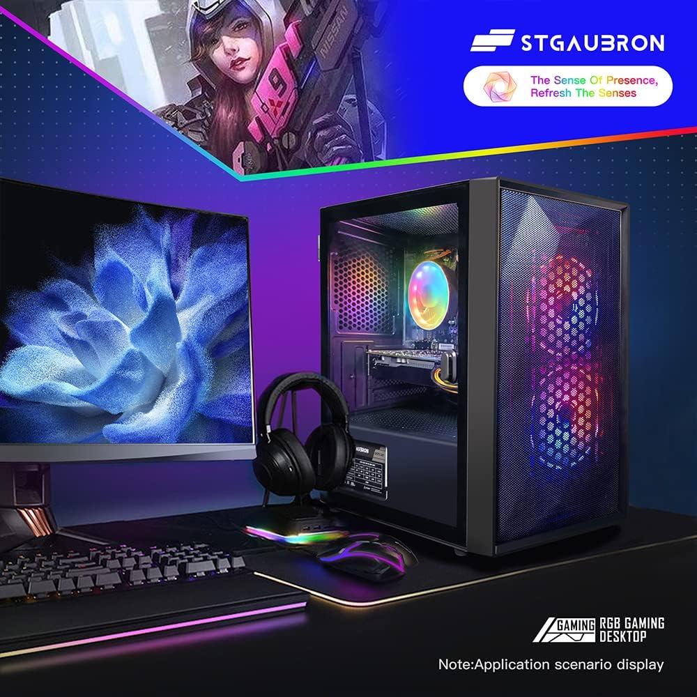 Ordinateur de bureau gaming STGAubron, processeur Intel Core i5 allant jusqu'à 3,7 GHz, carte graphique GeForce RTX 2060 6 Go, 16 Go de RAM, SSD de 512 Go, Wi-Fi 6, Bluetooth 5.0, 2 ventilateurs RGB, Windows 11 Famille
