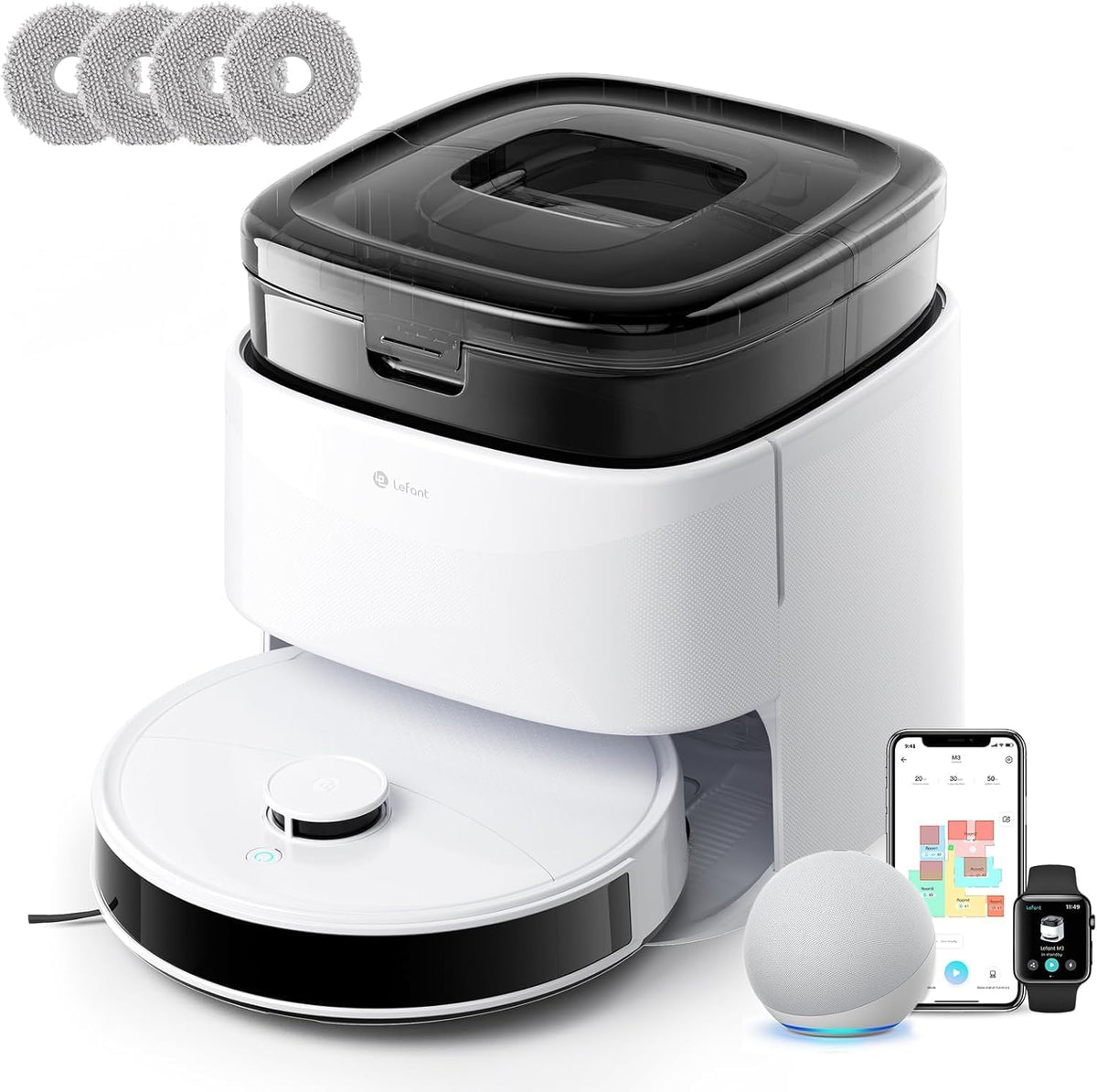 Aspirateur et laveur robot Lefant LiDAR, aspiration de 15 000 Pa, vidage automatique après 90 jours, évitement des obstacles, lavage et séchage automatiques, tout-en-un pour les poils d'animaux et les tapis, Wi-Fi 5G, compatible…