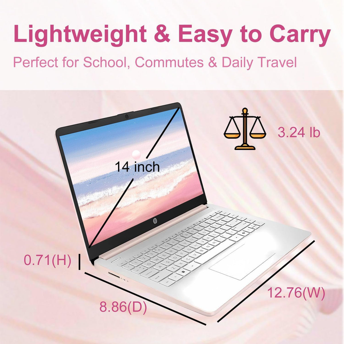 Ordinateur compact portable léger HP 14″ Blanc Flocon de Neige avec Office 365 et Copilot AI, processeur Intel, 4 Go de RAM, SSD de 64 Go + 1 To de stockage cloud