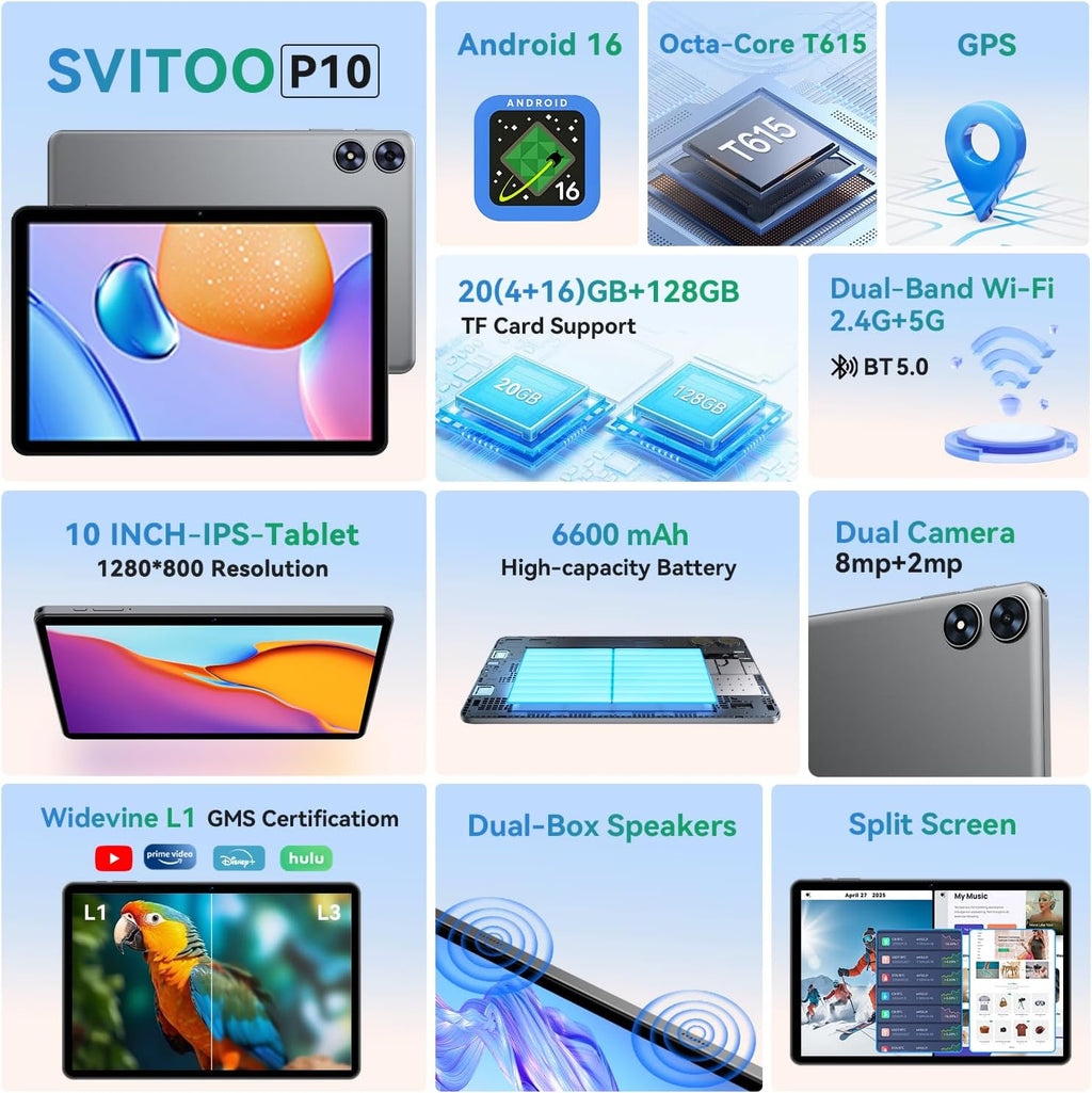 Tablette tactile SVITOO 10 pouces, Android 16 pour enfants et adultes, processeur octocœur, 20 Go de RAM, 128 Go de stockage extensible jusqu'à 1 To, double caméra 8 MP et 2 MP, écran partagé, batterie 6 600 mAh, GPS, deux haut-parleurs, déverrouilla