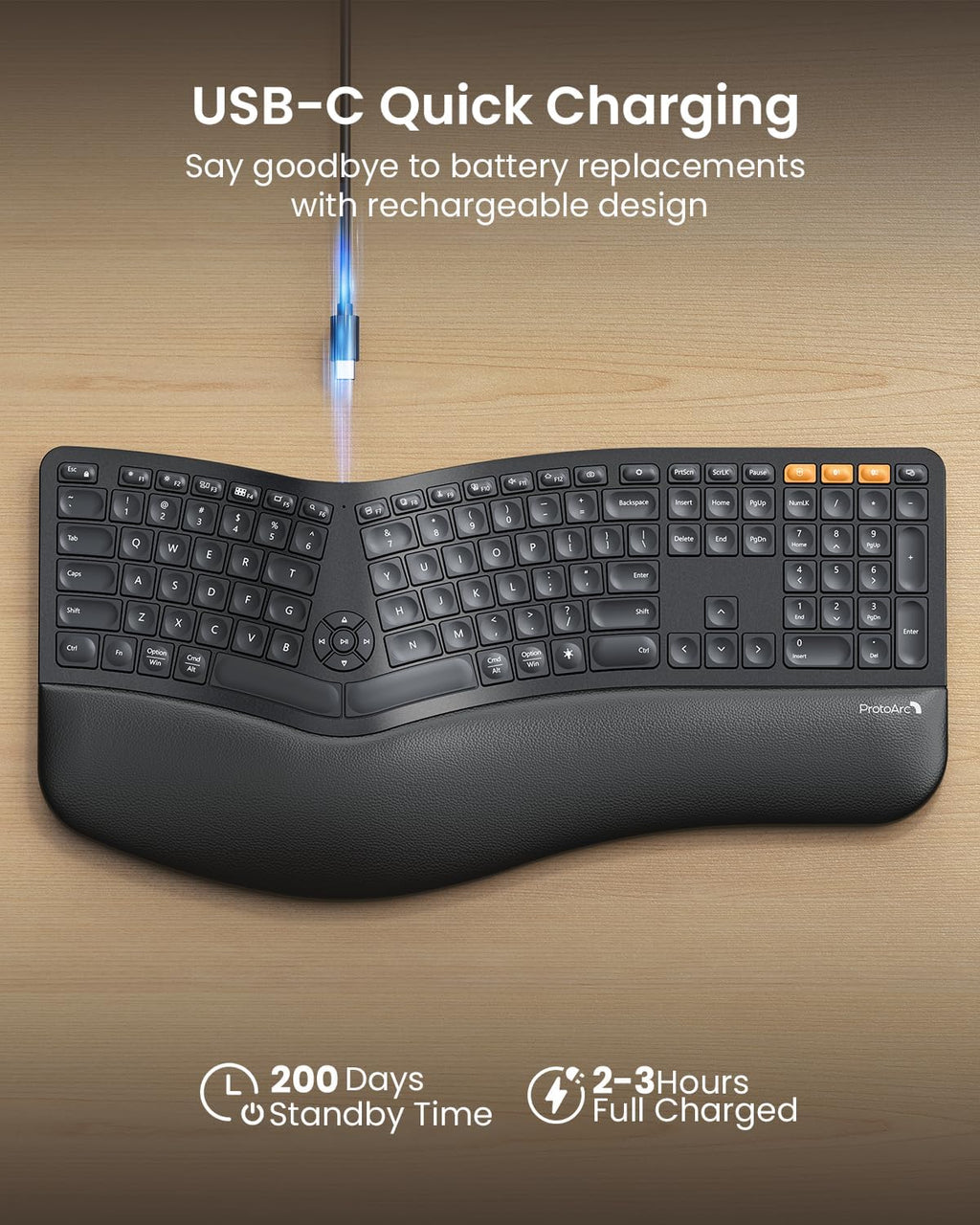 Clavier ergonomique Bluetooth rétroéclairé ProtoArc EK01 Plus, clavier à connectivité sans fil complet divisé doté de double connectivité Bluetooth et USB, repose-poignets rembourré, rechargeable, compatible Windows/Mac/Android, noir