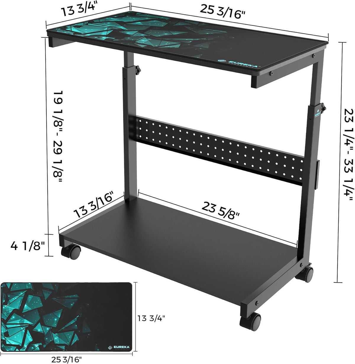 Support PC ergonomique EUREKA, chariot à roulettes en métal noir, réglable en hauteur, compatible doté de boîtiers ATX et imprimantes, adapté à le gaming, la maison et le bureau.