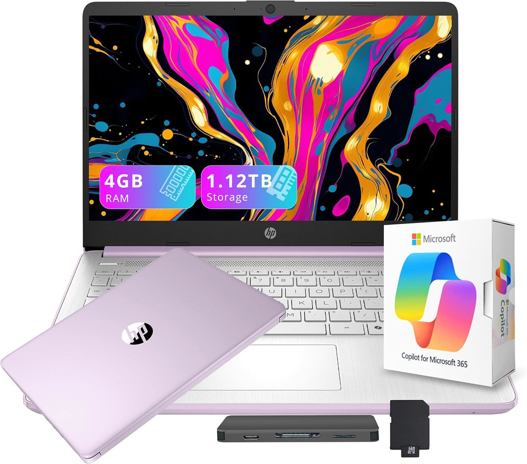 Ordinateur compact portable HP Stream 14 HD pour étudiants et professionnels avec AI Copilot, processeur Intel N150, 4 Go de RAM, 1,12 To de stockage (128 Go UFS + station d'accueil de 1 To), abonnement d'un an à Office 365, webcam 720p, Windows 11
