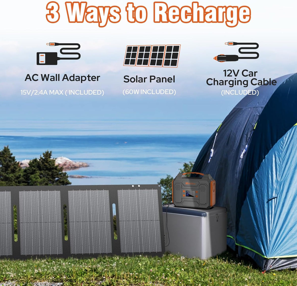 Générateur solaire compact portable avec panneaux 300 W, station d'alimentation avec panneau solaire 60 W, prise secteur 110 V, bloc d'alimentation solaire, générateur de camping, batterie externe 65 W avec alimentation CC pour ordinateur compact