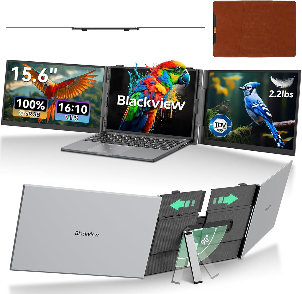 Blackview DCM8 Triple écran pour ordinateur compact portable 15,6 pouces 1080p FHD IPS, écran externe compact portable, deux câbles USB-C, compatible avec les ordinateurs portables de 13 à 17 pouces, Plug & Play, compatible avec Windows/Mac/Chrome