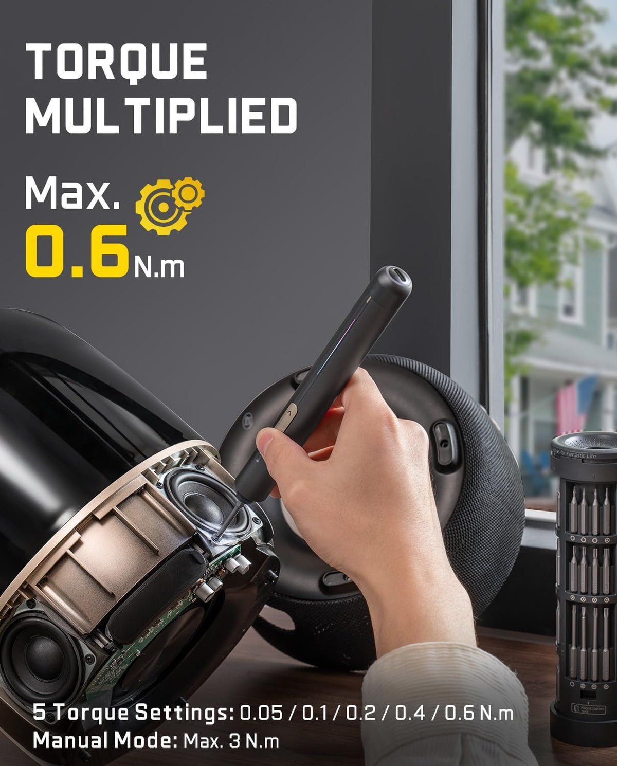 Tournevis électrique ultra mini Fanttik E2, sans fil, couple max. 0,6 Nm, 50 embouts magnétiques, hexagone 5/32'', rangement magnétique, outil de réparation pour appareils électroniques, appareils photo, ordinateurs portables et PC (gris)
