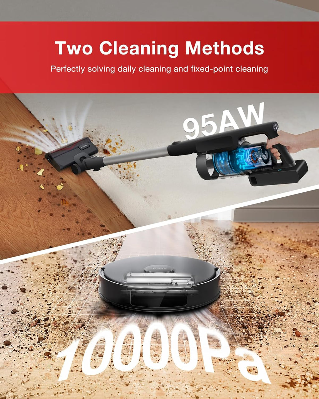 Aspirateur balai à connectivité sans fil Yeedi C12, robot laveur de sols et serpillère tout-en-un, doté de double vidage automatique, aspiration de 10 000 Pa et brosse ZeroTangle légère pour sols durs, tapis et poils d'animaux.