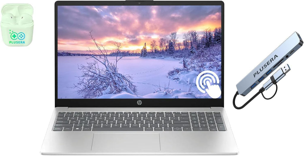 Ordinateur compact portable professionnel HP 15,6 pouces tactile, 32 Go de RAM, 1,5 To de stockage (SSD 1 To + station d'accueil 512 Go), processeur Intel Core i3 à 6 cœurs, Windows 11, écouteurs PLUSERA, couleur argent.