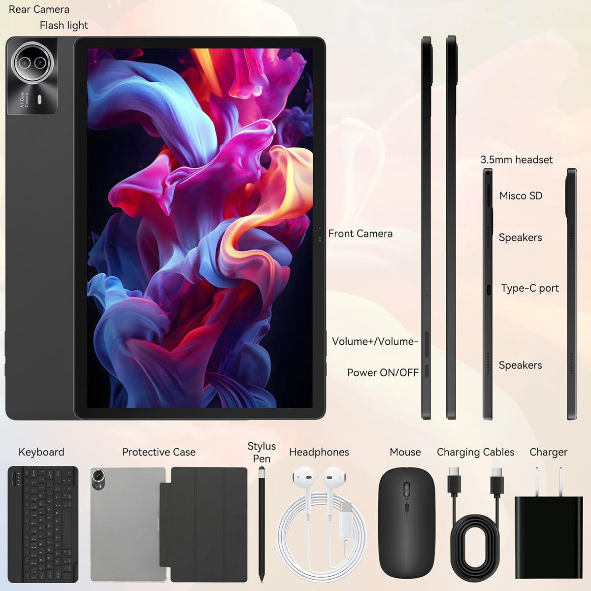 Tablette tactile | 14 pouces Android 16 | 30 Go de RAM, 256 Go de ROM | Écran IPS Full HD 1920 x 1200 | Batterie 10 000 mAh, charge rapide 30 W | Processeur octocœur | Wi-Fi 6, Bluetooth 5.4 | Double caméra | Clavier | Souris | Stylet | Étui | Casque