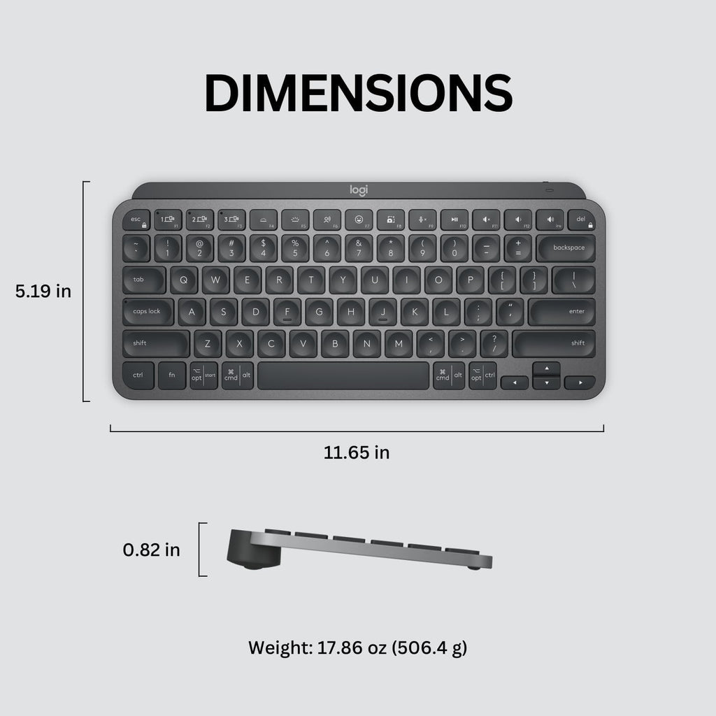 Clavier à connectivité sans fil Logitech MX Keys Mini minimaliste et rétroéclairé : au format compact, Bluetooth, USB-C, compatible doté de Apple macOS, iOS, Windows, Linux et Android. Boîtier en métal – Graphite.