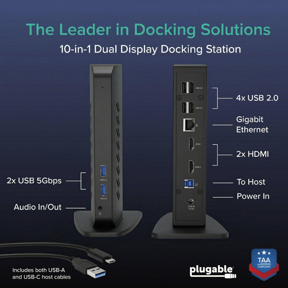 Station d'accueil double HDMI 1080p PLUGABLE pour USB-C et USB 3.0 – Modèle pratique