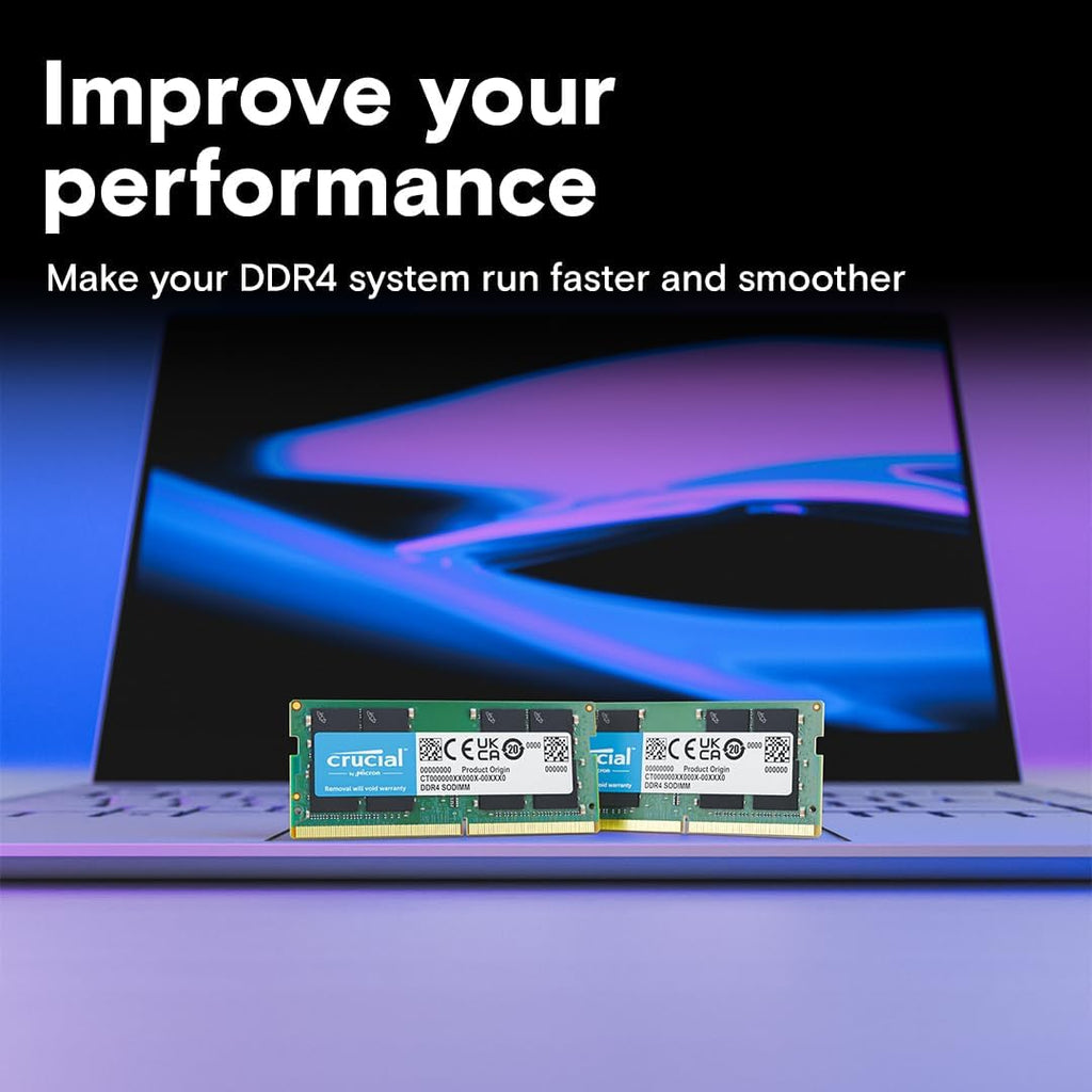 Kit de mémoire vive Crucial DDR4 16 Go (2 x 8 Go), 3 200 MHz (PC4-25600), sous-cadençable à 2 933/2 666 MHz, mémoire pour ordinateur compact portable SODIMM 260 broches, compatible avec les processeurs Intel Core de 13e génération et AMD Ryzen 7000