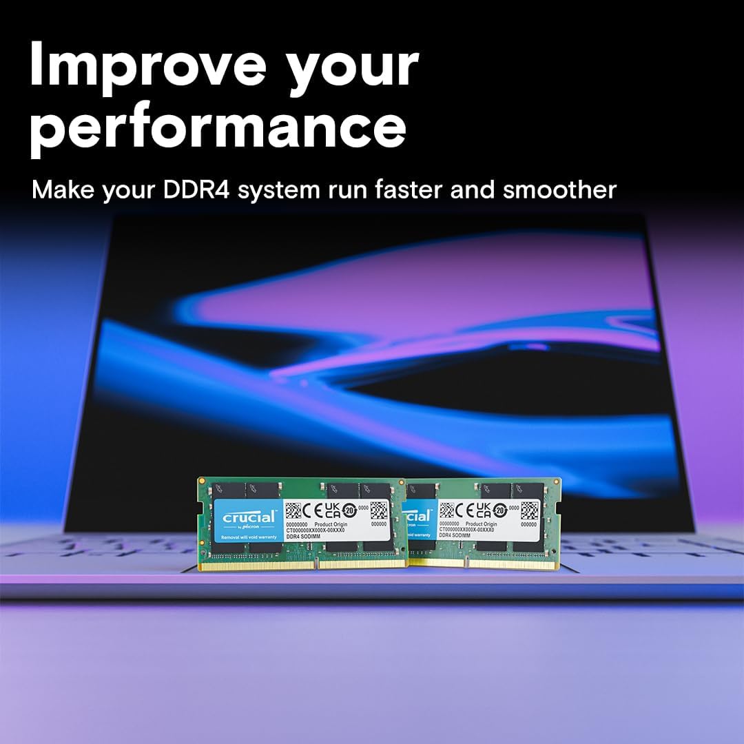 Kit de mémoire vive Crucial DDR4 16 Go (2 x 8 Go), 3 200 MHz (PC4-25600), sous-cadençable à 2 933/2 666 MHz, mémoire pour ordinateur compact portable SODIMM 260 broches, compatible avec les processeurs Intel Core de 13e génération et AMD Ryzen 7000