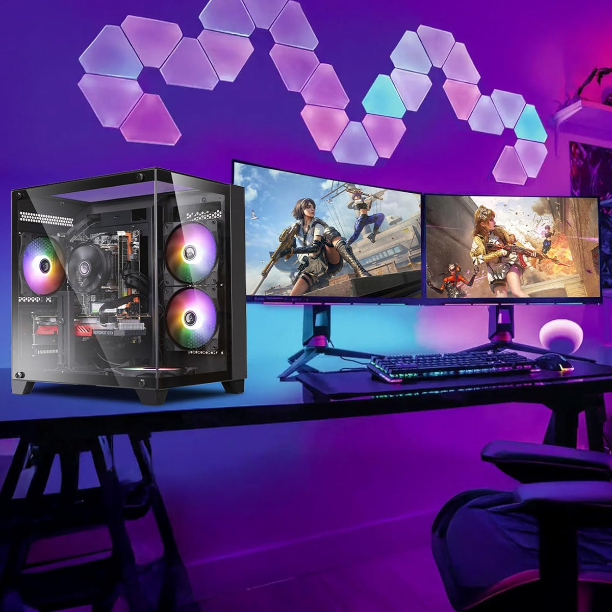PC de bureau gaming pré-assemblé, processeur Intel Core i5 cadencé à 3,2-3,6 GHz, carte graphique RX550 doté de 4 Go de mémoire vidéo GDDR5, 16 Go de RAM, SSD NVMe de 512 Go, Wi-Fi 5, 4 ventilateurs RGB, Windows 11