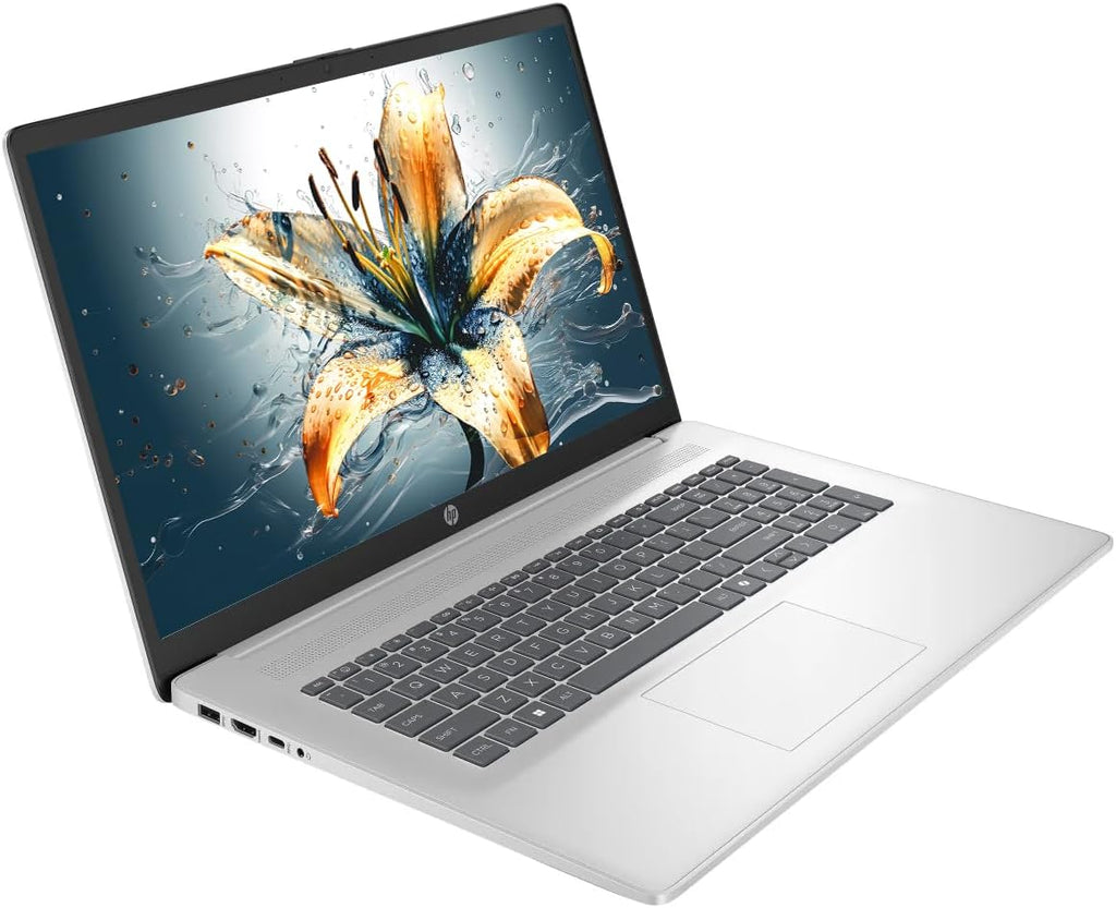 Ordinateur compact portable HP 17 : écran tactile HD+ LED antireflet de 17,3 pouces, Windows 11, 32 Go de RAM, SSD de 1 To, processeur AMD Ryzen 5, carte graphique AMD Radeon, pavé numérique, écouteurs NLY, couleur argent.