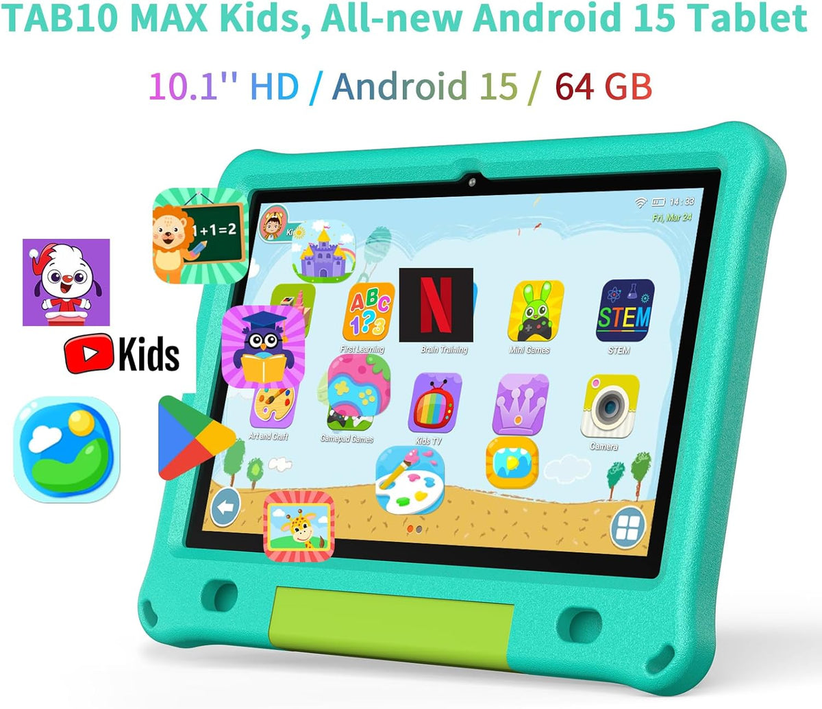 Tablette tactile PRITOM Android 15, toute nouvelle tablette 10 pouces pour enfants, contrôle parental, 64 Go + 1 To extensible, WiFi 6, éducative, jeux, logiciels pour enfants préinstallés, avec étui EVA (vert)