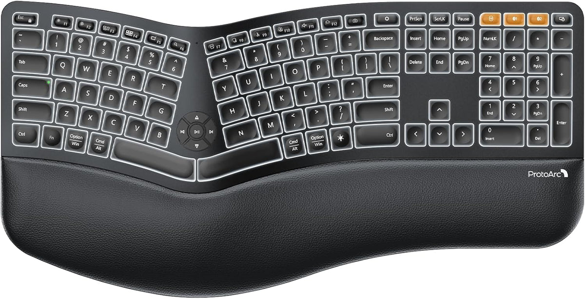 Clavier ergonomique Bluetooth rétroéclairé ProtoArc EK01 Plus, clavier à connectivité sans fil complet divisé doté de double connectivité Bluetooth et USB, repose-poignets rembourré, rechargeable, compatible Windows/Mac/Android, noir