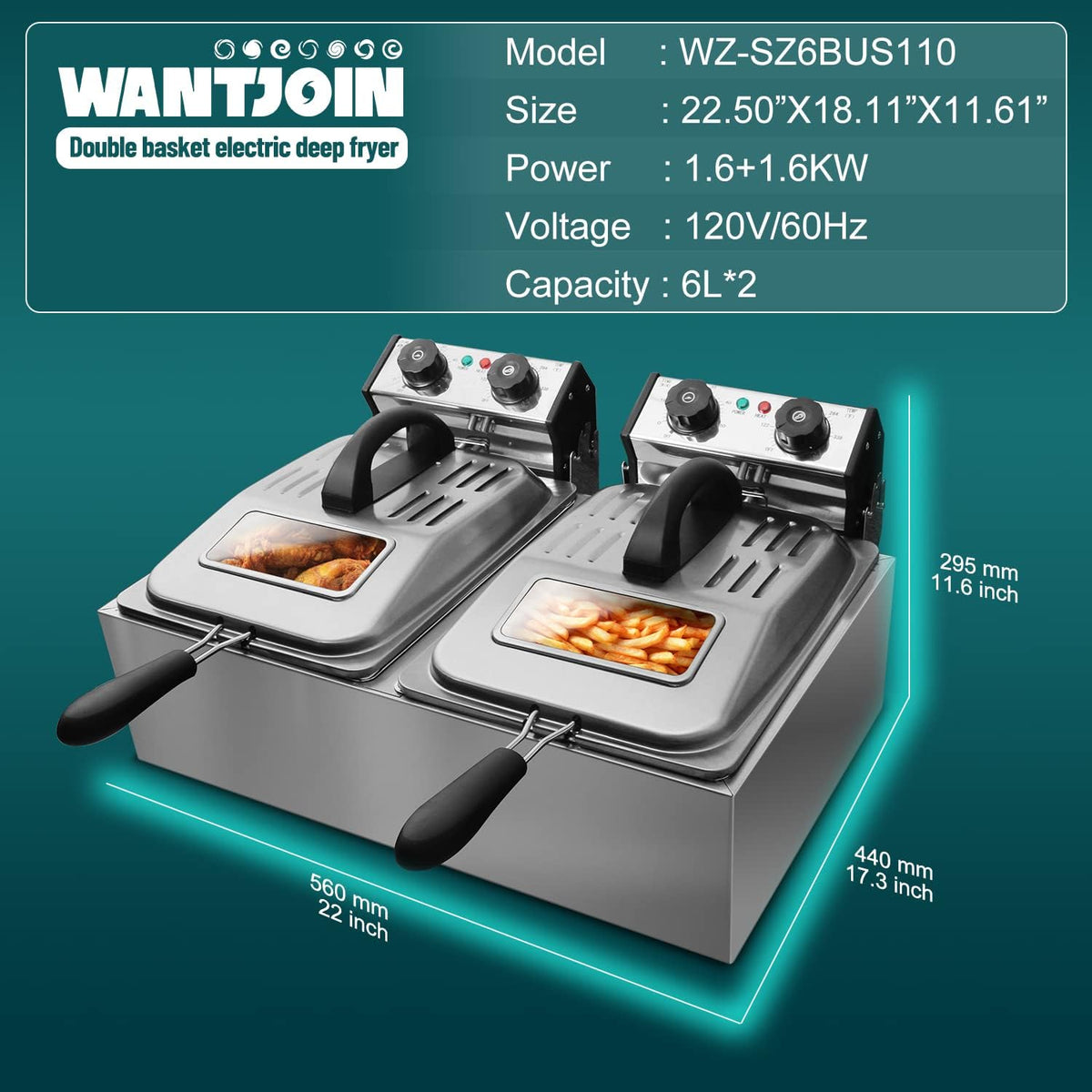 Friteuse professionnelle WantJoin 12 L/12 QT dotée de hublot - Friteuse électrique de table à double cuve en acier inoxydable avec 2 paniers et couvercles, machine à frire de comptoir avec contrôle de la température, 3200 W