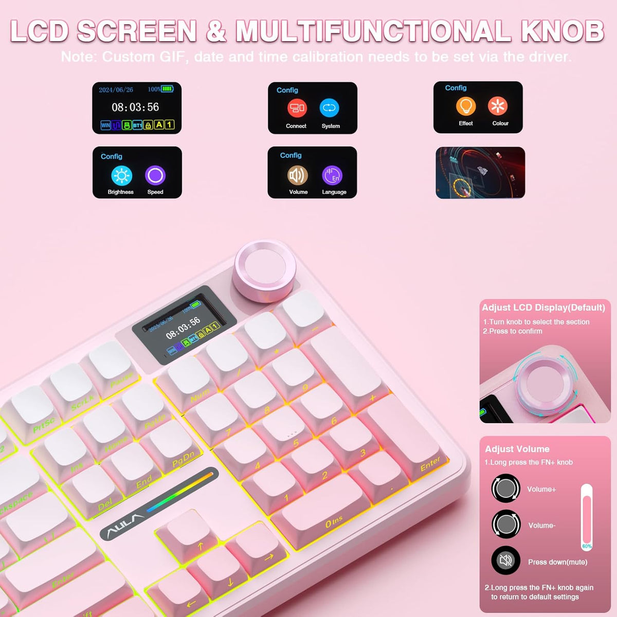 AULA F108 PRO - Clavier mécanique à connectivité sans fil doté de écran et molette, clavier complet doté de batterie 8000 mAh, commutateurs pré-lubrifiés, touches PBT imprimées latéralement, rétroéclairage RGB, touches roses personnalisables et…