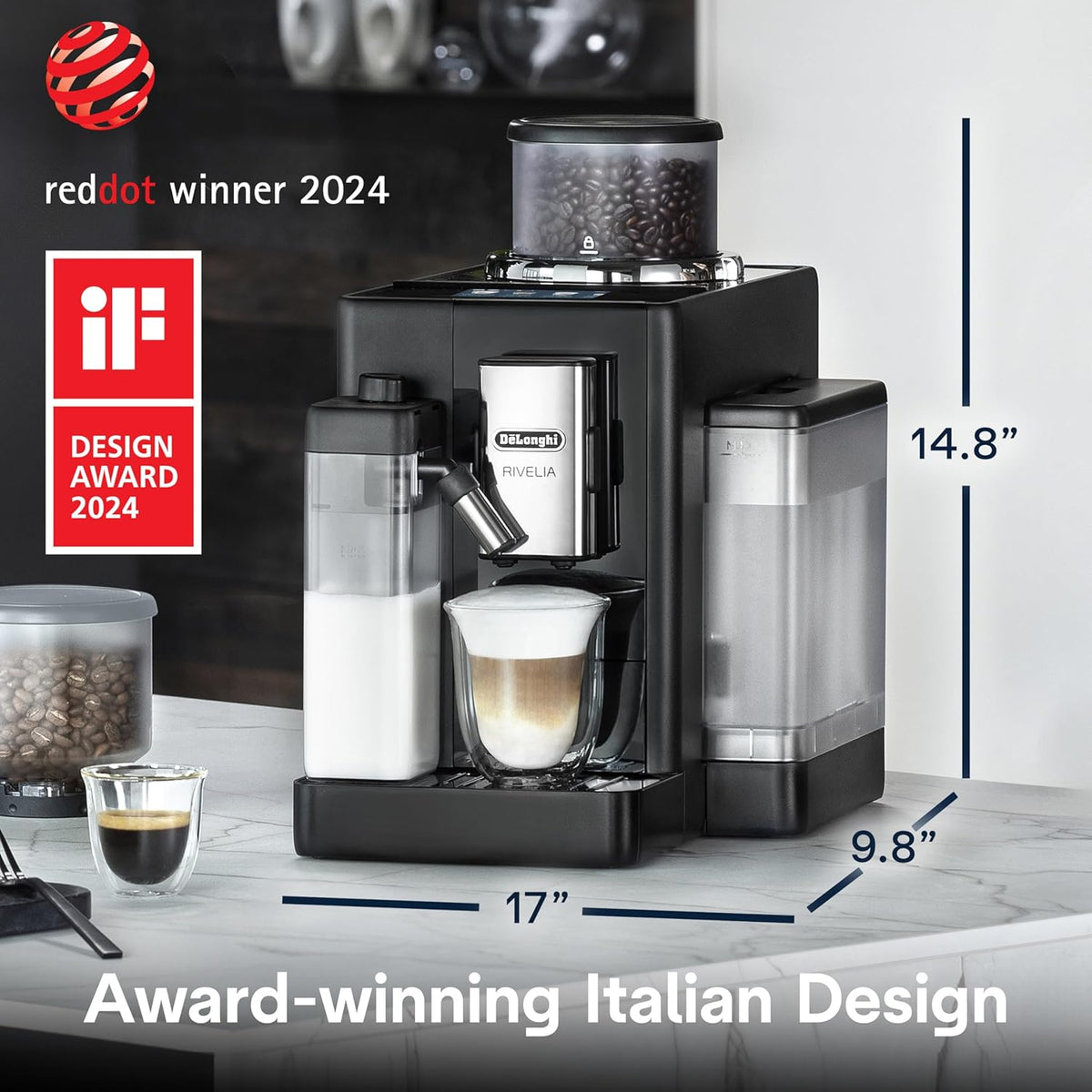 Machine à expresso automatique De'Longhi Rivelia doté de broyeur et mousseur à lait – Machine à café tout-en-un, latte chaud et glacé, cappuccino, système de sélection des grains, broyeur à meules, design italien au format compact, noir