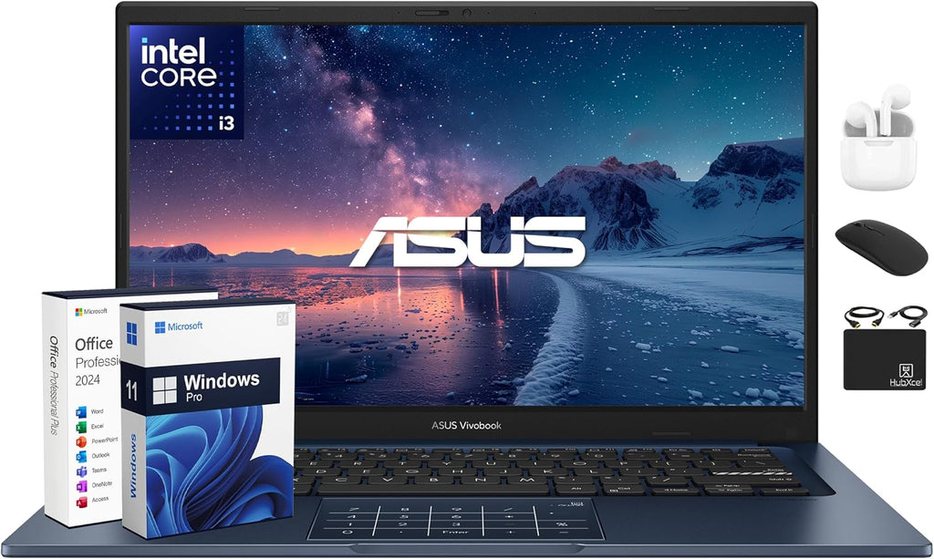 Ordinateur compact portable ASUS Vivobook 14 FHD pour étudiants et jeunes professionnels (2025) : processeur Intel i3 6 cœurs, 16 Go de RAM, 1 To de stockage (SSD 512 Go + extension 500 Go), HubxcelAccessory, Wi-Fi, Windows 11 Pro, licence Microsoft