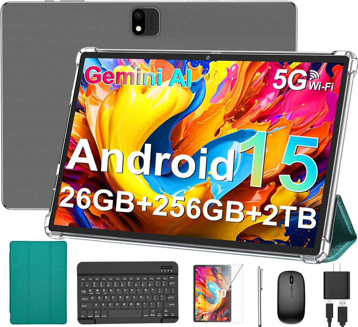 Tablette tactile Android avec clavier, 2026 Android 15, écran 10 pouces, 26 Go + 256 Go + 2 To extensible, tablette PC électronique avec processeur Gemini 8 cœurs, batterie 8 000 mAh, Wi-Fi 5G, GMS, tablette 2 en 1 avec étui, souris et stylet (étui n