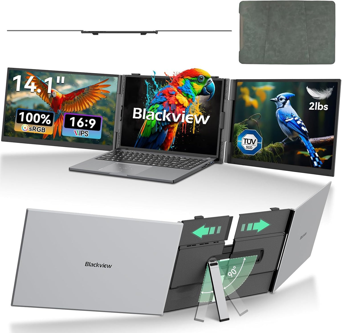 Blackview DCM6 Triple écran pour ordinateur compact portable 14 pouces, 1080p FHD IPS, écran externe compact portable, deux câbles USB-C, idéal pour les voyages, compatible avec les ordinateurs portables de 13 à 17 pouces, Plug & Play