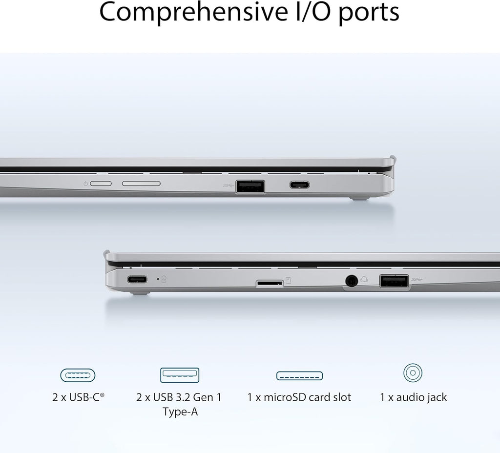 ASUS Chromebook Flip CX1 Ordinateur compact portable convertible 14 pouces FHD NanoEdge Tactile à 360° Processeur Intel Celeron N4500 128 Go de stockage eMMC 8 Go de RAM ChromeOS Argent transparent CX1400FKA-AS88FT
