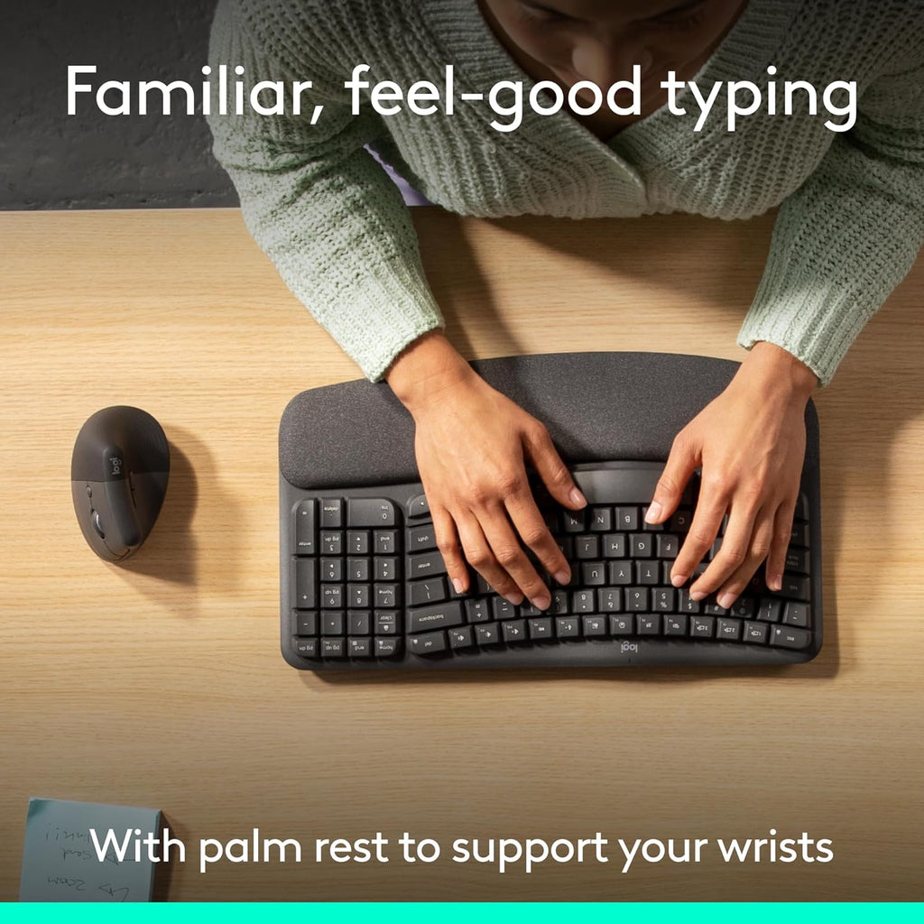 Logitech Wave Keys & Lift Vertical Mouse - Ensemble clavier et souris à connectivité sans fil ergonomiques - doté de repose-poignets rembourré, fonction Easy-Switch, Bluetooth, compatible Windows/Mac - Graphite