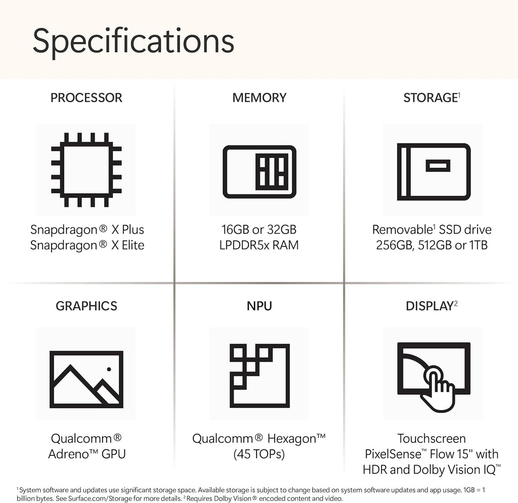 Microsoft Surface Laptop (2024) Windows 11 Copilot+ PC Écran tactile 15 pouces Snapdragon X Elite (12 cœurs) 16 Go de RAM 256 Go de stockage SSD Platine