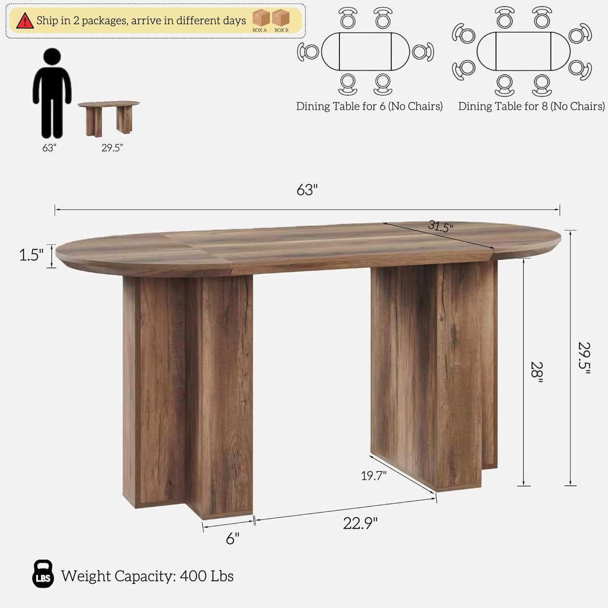 Table de salle à manger ovale moderne en bois OKD de 160 cm (63 pouces) pour 4 à 6 personnes, dotée de piètement stable en forme de T, structure en métal et plateau épais. Table de cuisine robuste idéale pour la salle à manger, la cuisine ou les réun