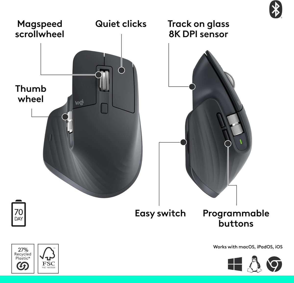 Souris à connectivité sans fil Logitech MX Master 3S Bluetooth Edition, sans récepteur USB - Défilement ultra-réactif, ergonomique, 8 000 DPI, suivi sur verre, clics silencieux, compatible doté de Apple Mac, PC Windows, Linux et Chrome - Graphite