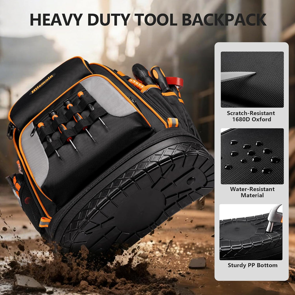 Sac à dos à outils robuste en tissu Oxford 1680D, 75 poches et passants, sac à dos d'électricien, grand sac à outils CVC à fond rigide, sac à dos pour technicien de chantier avec compartiment pour ordinateur compact portable 16 pouces pour hommes