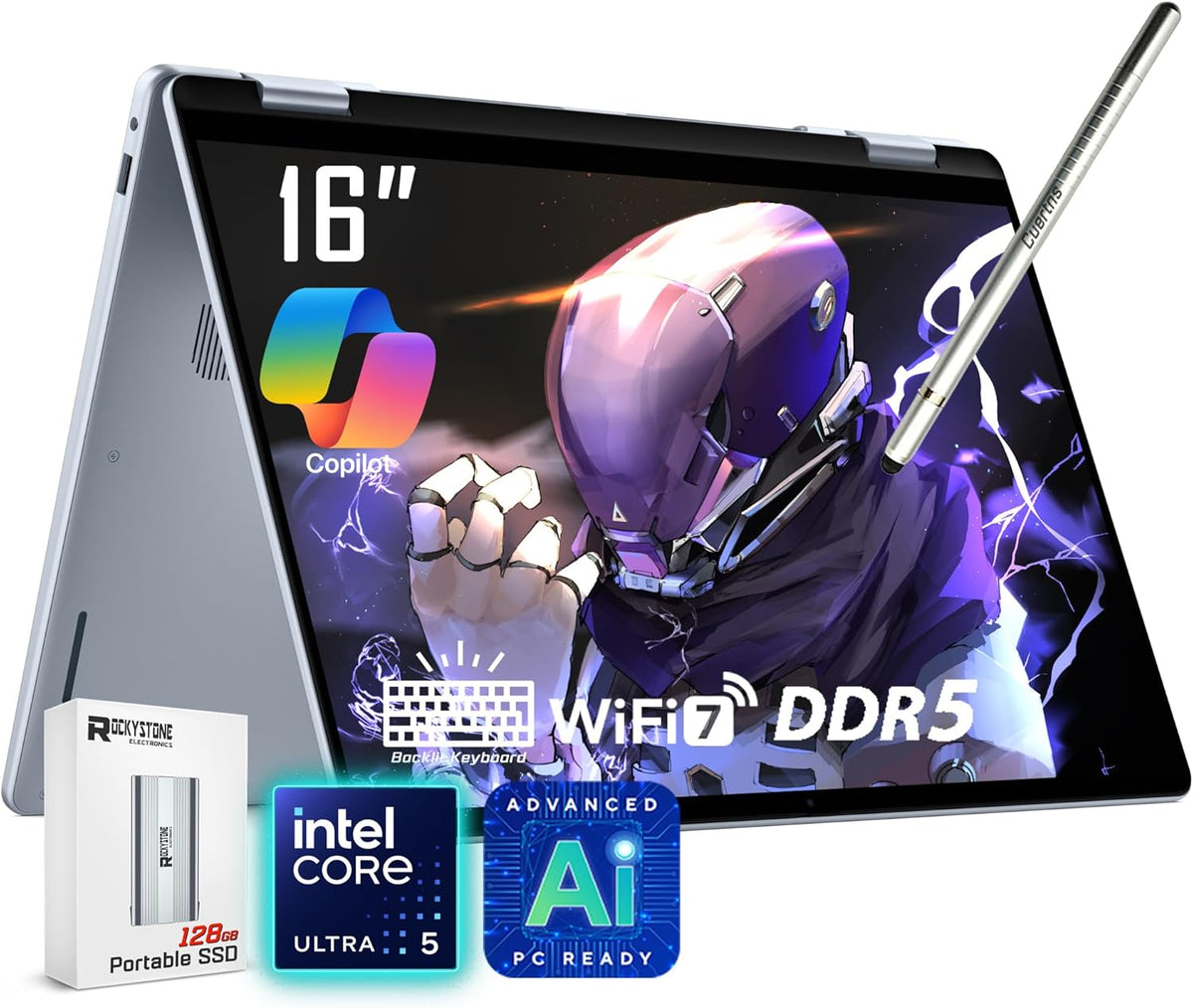 Ordinateur compact portable 2-en-1 Dell 16 Plus : écran tactile 16 pouces (1920 x 1200), processeur Intel Core Ultra 5 226V (> i7-1355U), compatible avec l'IA, Copilot PC, clavier rétroéclairé, webcam 1080p, Wi-Fi 7, Windows 11 Famille, bleu glacier
