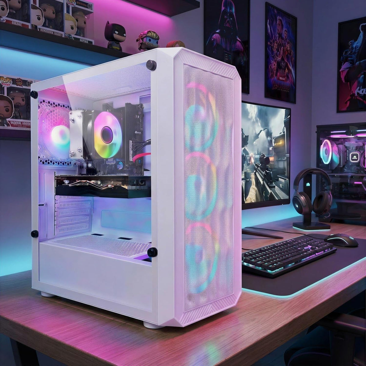 Ordinateur de bureau gaming STGAubron : processeur AMD Ryzen 3 3200G 3,6 GHz, carte graphique Radeon RX 580 8 Go, 16 Go de RAM DDR4, SSD 1 To, Wi-Fi 6, Bluetooth 5.0, 4 ventilateurs RGB, Windows 11 Famille. – Modèle pratique