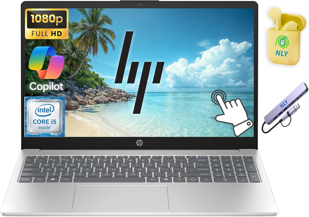 Ordinateur compact portable professionnel HP 15,6" FHD tactile, processeur Intel Core i5 à 10 cœurs, 16 Go de RAM, 512 Go de stockage (SSD 256 Go + station d'accueil 256 Go), Windows 11, pavé numérique, écouteurs NLY, argent naturel