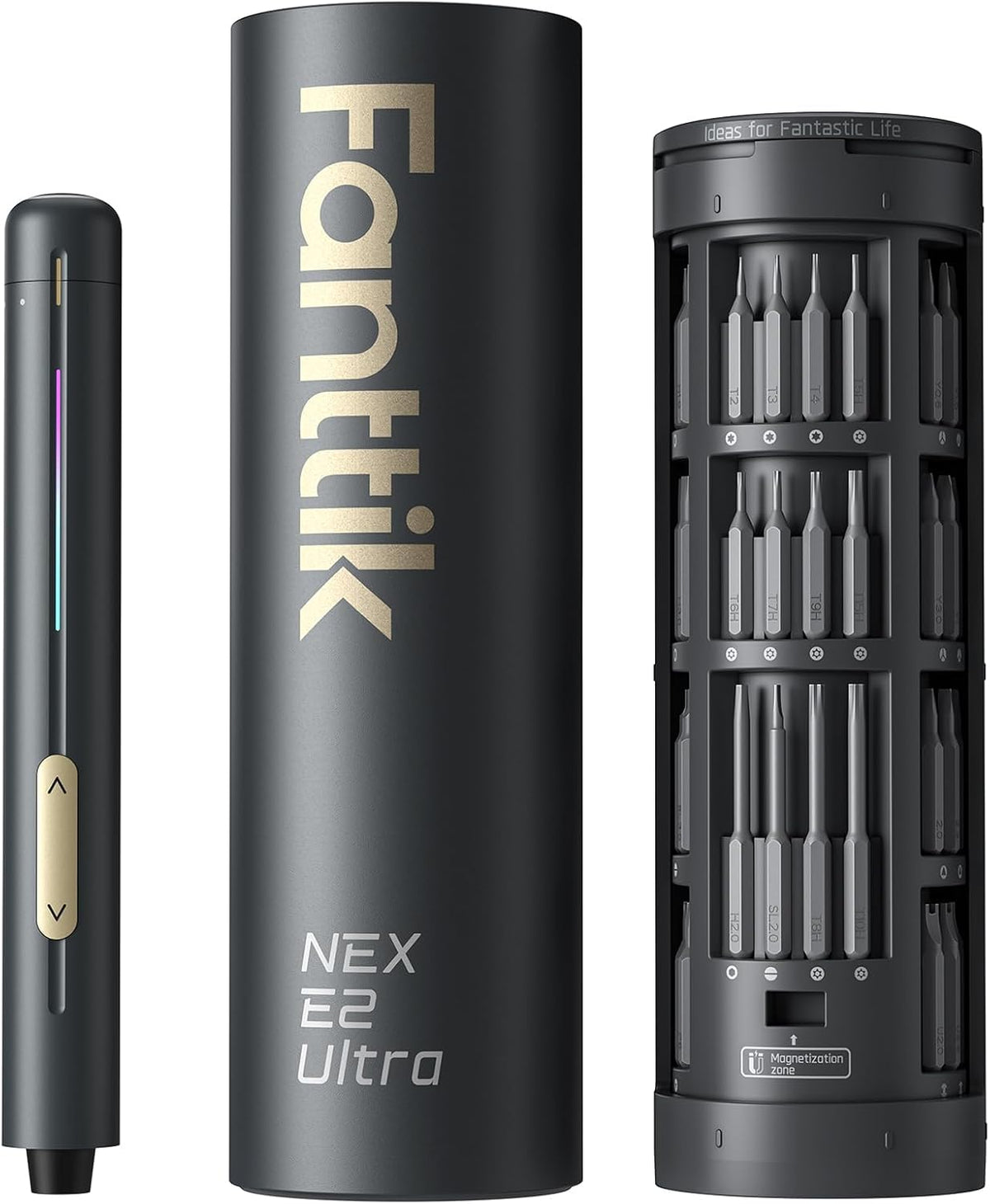 Tournevis électrique ultra mini Fanttik E2, sans fil, couple max. 0,6 Nm, 50 embouts magnétiques, hexagone 5/32'', rangement magnétique, outil de réparation pour appareils électroniques, appareils photo, ordinateurs portables et PC (gris)